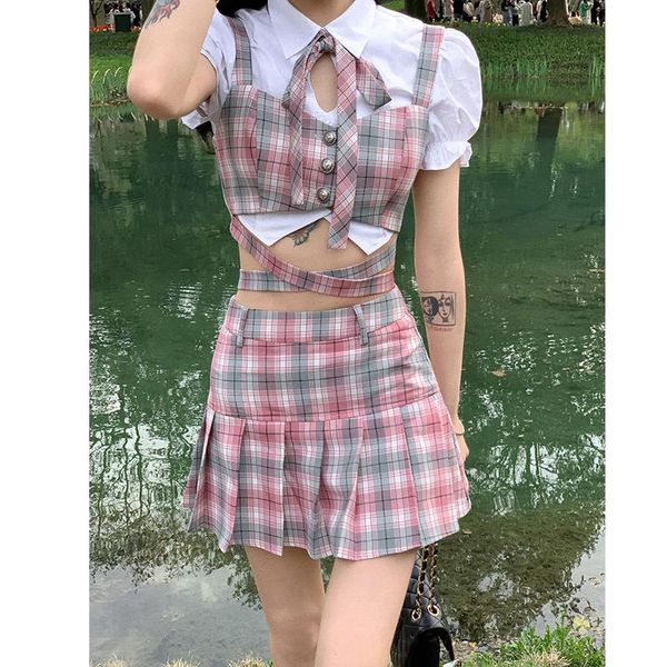 

dress japanese summer fashion threepiece set women outfit short patchwork plaid vest korean high waist mini skirt sets 2022, White