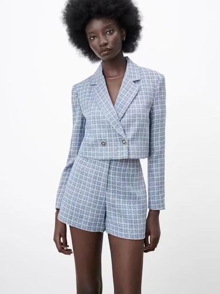 

dress 2022 xikom women two pieces set fashion double breasted tweed cropped blazer coat female vintage high waist zipper shorts suit, White
