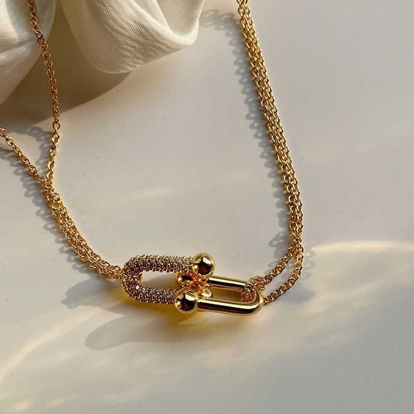 

qingdao jewelry horseshoe buckle double ring necklace style brass gold plated light luxury small chain, Black