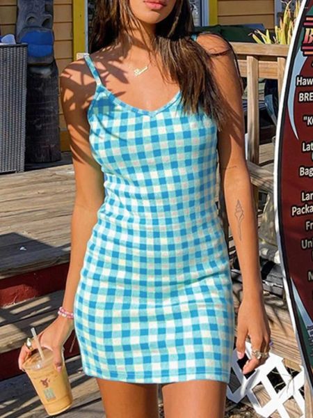 

casual dresses women's plaid print skinny spaghetti strap party bandage, Black;gray