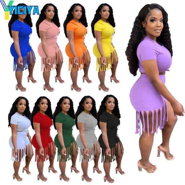 

yiciya women's tracksuits suit t-shirt five-point pants cute solid color sports tassel two-piece 2023 summer, Gray