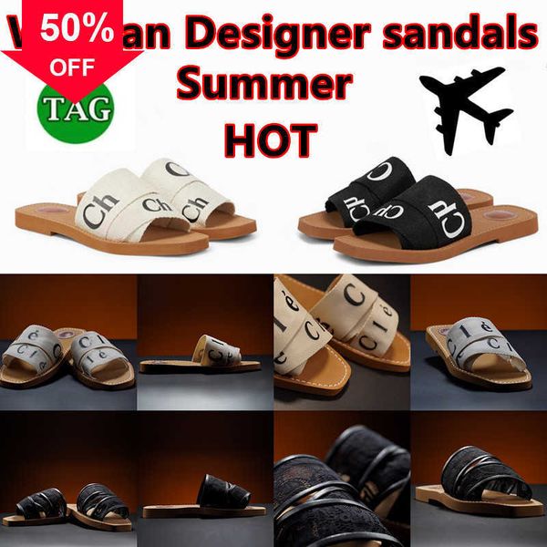 

women designer luxury summer woody sandals for mules flat slides light tan beige white black pink lace lettering fabric canvas slippers wome