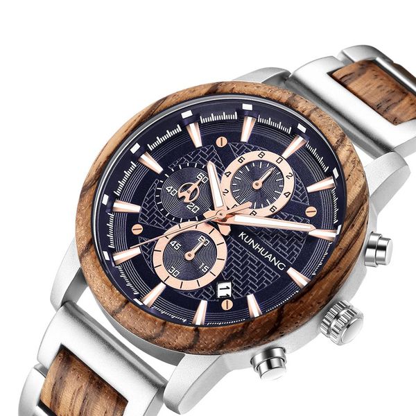 

new men watch fashion waterproof handmade pure wood leisure sports gifts chronograph wood wristwatch263w, Slivery;brown