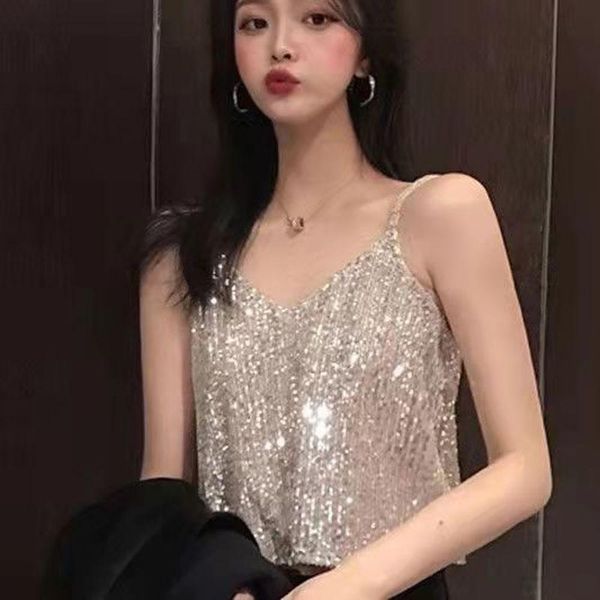 

tanks 2022 summer shiny spagetti strap tank silver metal mesh halter metallic strap crop vest party clubwear outfits, Black;white