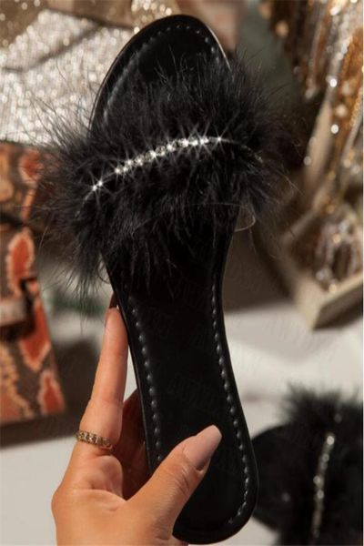 

designer slippers women shoes 2022 summer flats sandals ladies fashion crystal dress beach female flip flops fur slides 02279842737, Black