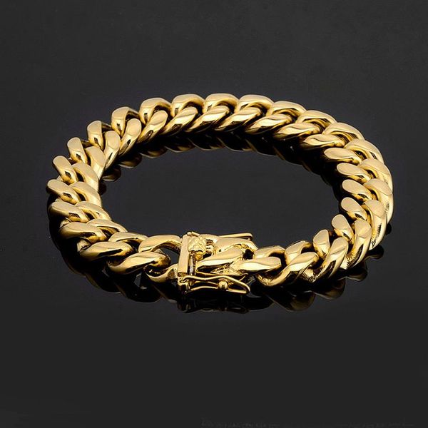 

men women stainless steel bracelet high polished miami cuban curb chain bracelets double safety clasps gold steel 8mm 10mm 12mm 142363, Black