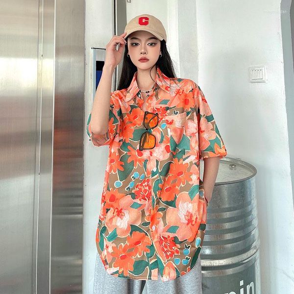 

women's blouses summer thin short-sleeved casual loose floral shirt women, White