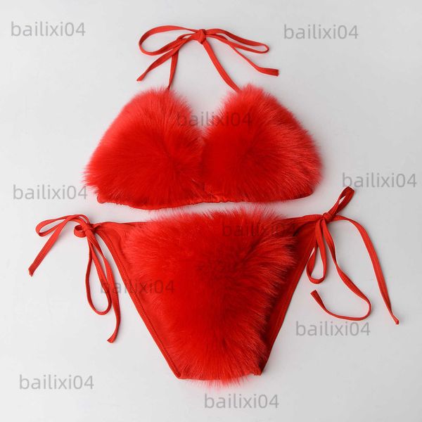 

bras sets new swimwear plush fashion women split solid bikini t2304211, Red;black
