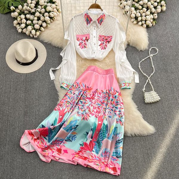 

pants fashion suit women's spring and summer new highend light luxury flounce lapel chiffon shirt high waist skirt 2piece set, White