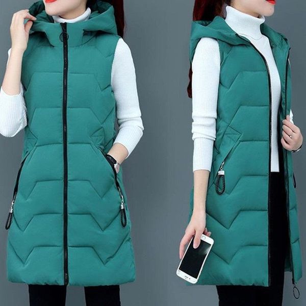 

vests 2022 women hooded long cotton vest winter warm ladies sleeveless jacket student girls waistcoat female cottonpadded jacket coat, Black;white