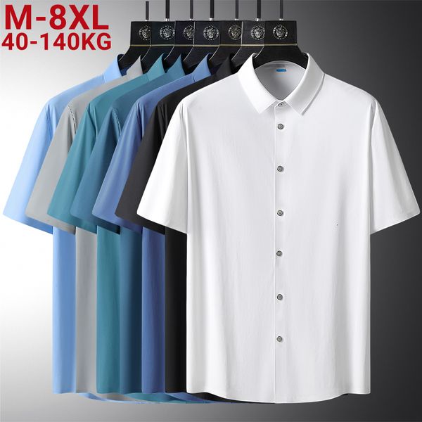 

men's casual shirts large size 8xl summer solid color short sleeved shirt oversize loose elasticity black white quick dry silk 230421, White;black