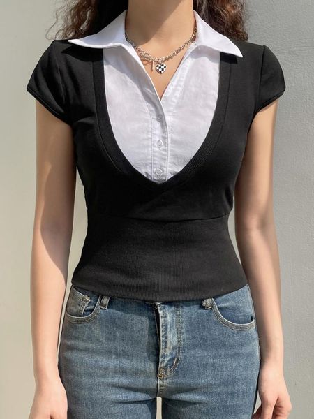 

t-shirt y2k chic patched short sleeve summer women's tshirts fashion cute turn down collar crop preppy korean tee shirts, White