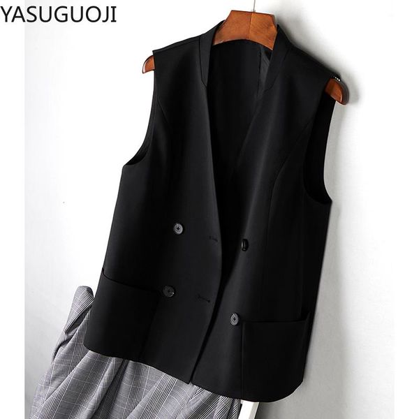 

vests yasuguoji fashion double breasted women vest new 2021 autumn slim fit v neck formal office ladies vest coat plus size jackets, Black;white