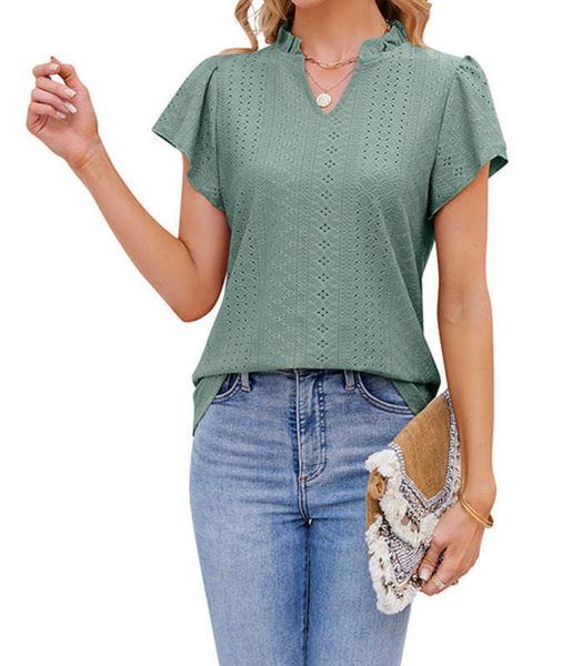 

spring and 2023 summer women's new jacquard v-neck ruffle short sleeve t-shirt top, White