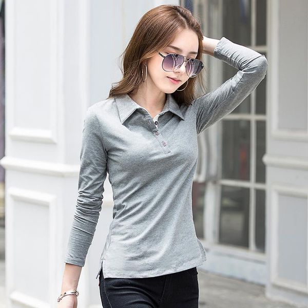 

polos fashion polo shirts for women turndown collar casual polo shirt long sleeve solid cotton tees winter polos mujer, White