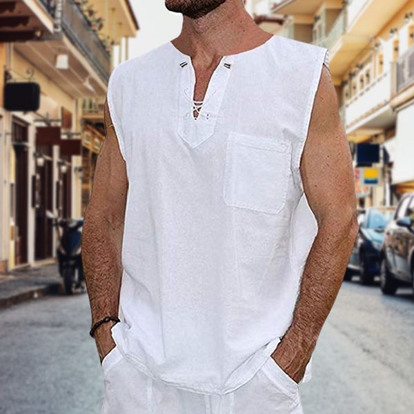 

men  tank fashion mens summe cotton linen casual sleeveless shirt loose lace up v neck pocket tees shirts male streetwear 230421, White;black