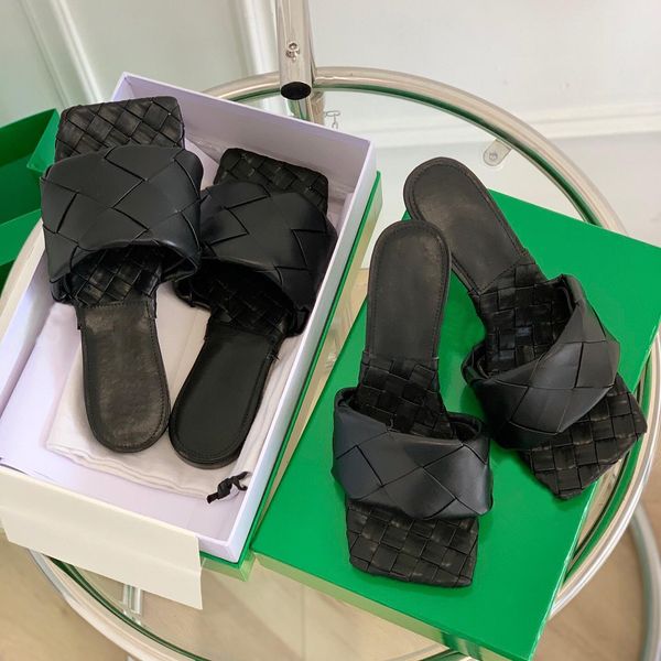 

summer new slipper designer woman luxury lido flat mule leather lambskin sandal mans rubber slides beach outdoor shoe with box, Black