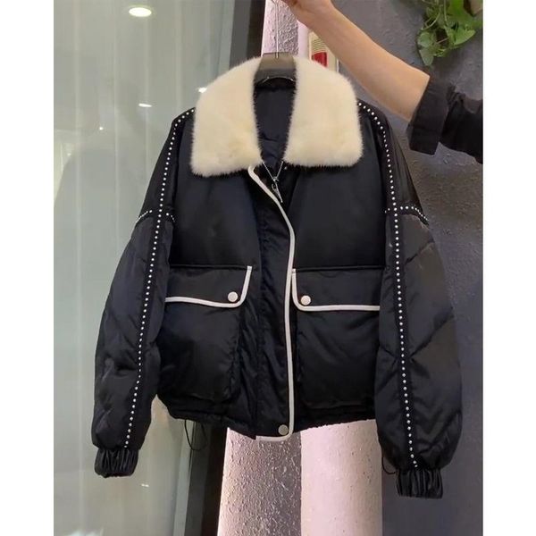 

leather 2022 winter new down padded jacket women's lapel padded jacket coldproof thickened allmatch bread padded jacket, Black