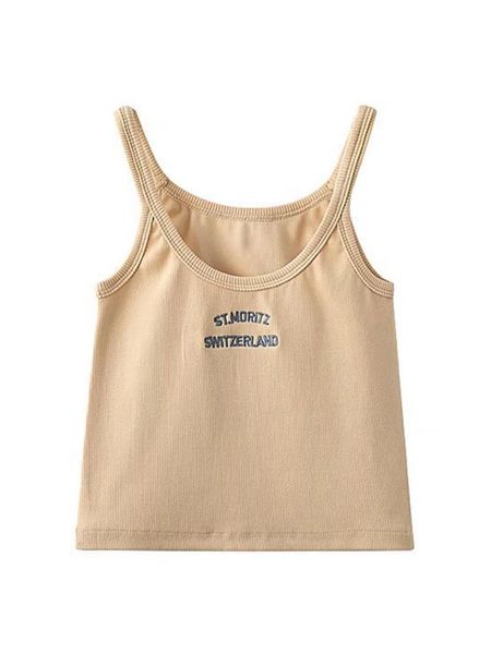 

t-shirt letter embroidery ribbed crop women 2022 summer sleeveless beige cotton camis blouses casual vintage chic slim y2k, White