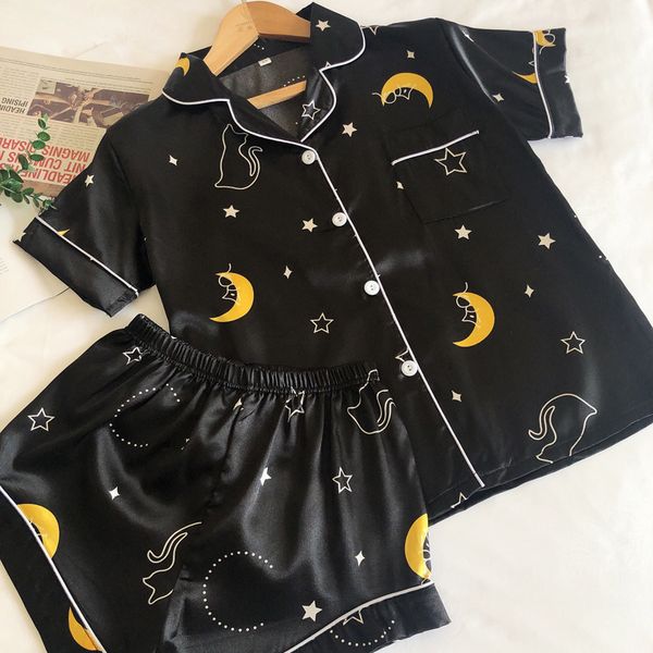 

women's sleepwear silk pajamas for women pyjama satin femme night star moon print pijamas set shorts and female women's home suit, Black;red