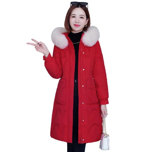 

leather women winter hooded faux fur collar embroidery pocket long warm coat lady puffer jacket cotton padded wadded overcoat, Black