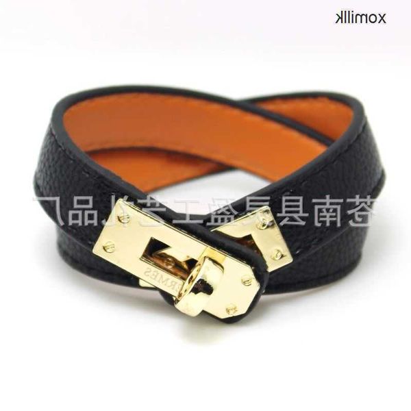 

hermm classics fashionable lychee grain leather rotating buckle bracelet fashion double layer wrapped cowhide 4997, Black