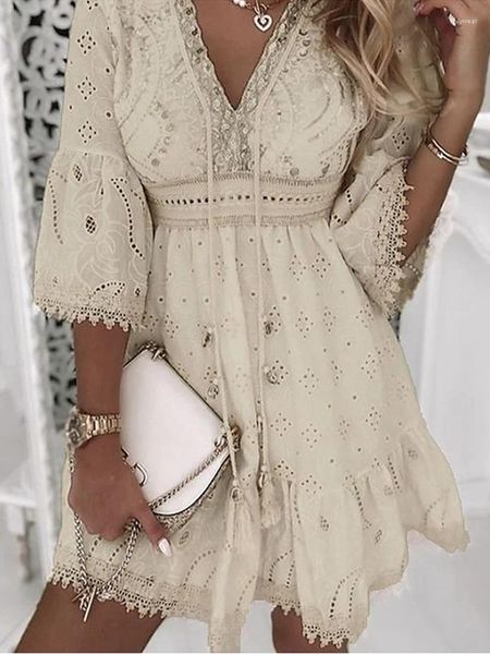 

Casual Dresses White Lace Dress Women V Neck Up Female Patchwork Three Quarter Sleeve Vacation Beach Ladies A-line Party-42