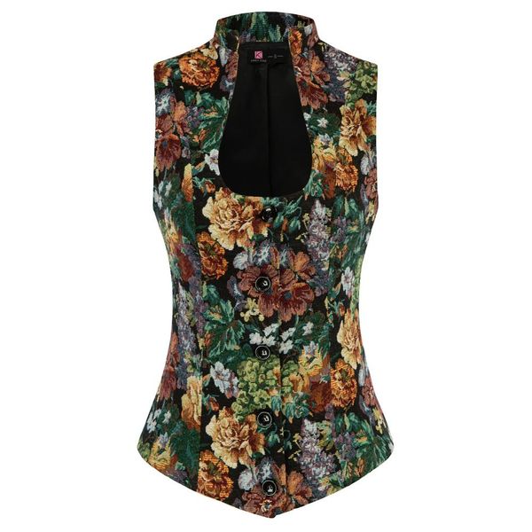 

vests kk women's fully lined vest formal business dress suits button down steampunk vintage waistcoats jacquard single breasted coat, Black;white