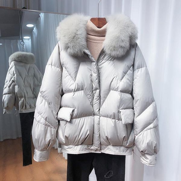 

parkas real fox fur collar 2021 new winter women's 90% white duck down jacket female short puffer coat warm down parka loose outwear, Black
