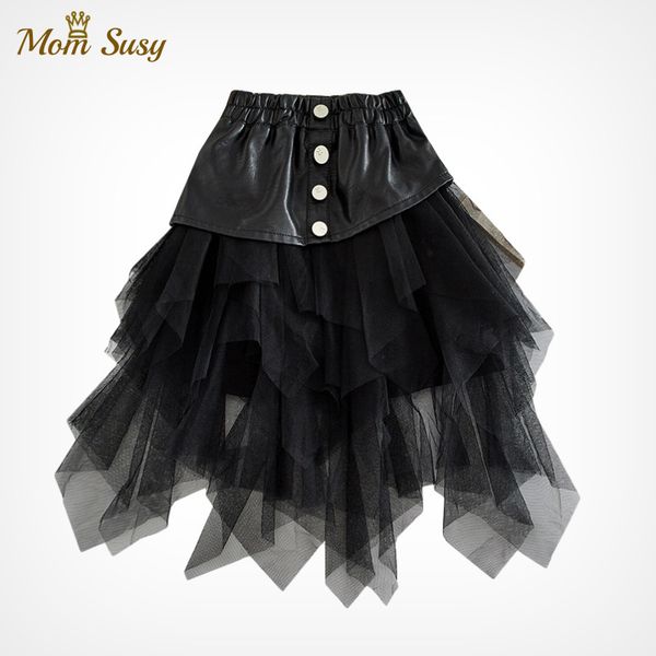 

skirts fashion girl pu leather long and short toddler teenager patchwork tutu black tulle clothes 230420, Blue