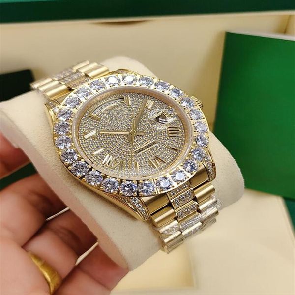 

watch president day date 43mm big diamonds automatic mechanical movement 2813 mens watches male wristwatches 662292w, Slivery;brown