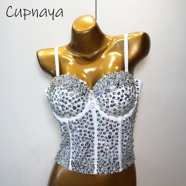 

t-shirt cupnaya korean style women rhinestones crop fitted push up bustier summer ladies corset bralet camisole vest shapwear, White