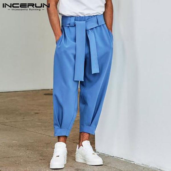 

pants men pants solid color joggers 2022 baggy pockets fashion casual trousers men streetwear leisure pantalon with belt incerun s5xl, Black