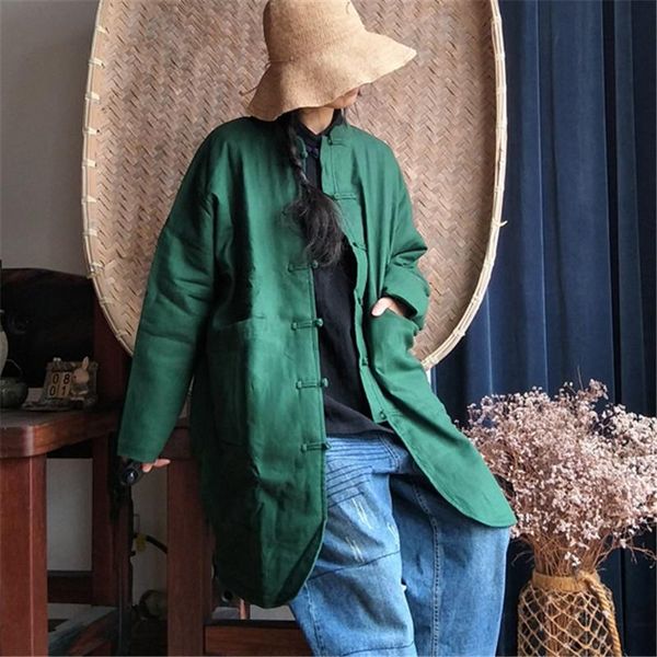 

leather johnature women vintage chinese style button original loose thin long parkas new 2021 spring stand collar linen female coats, Black