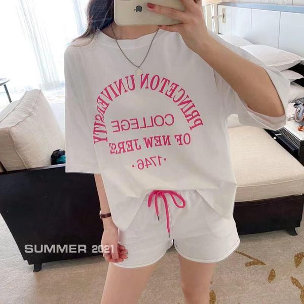 

dress summer 2 piece casual tracksuit outfits women 2021 fashion letter loose casual tee drawstring sweat shorts set teenager, White