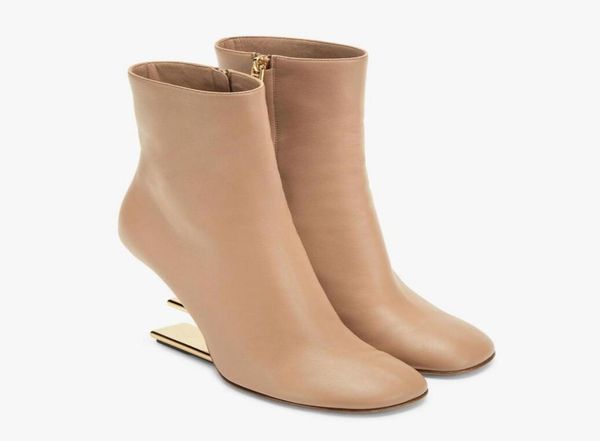 

famous brand first women ankle boots nude black nappa leather fshaped heels rounded toe boot goldcolored metal lady winter booti4436660