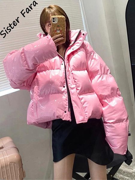 

leather sister fara short stand collar glossy down jacket women loose casual warm thicken solid parka white duck down coat jacket, Black