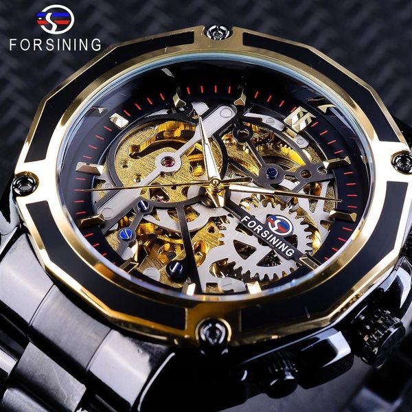 

forsining steampunk style men's skeleton watches black automatic men's watch brand luxury luminous hands horloges ma291s, Slivery;brown