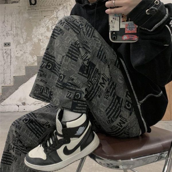 

pants 2021ss new straight pants men women students korean loose newspaper letter printing vintage casual wideleg high street trousers, Black