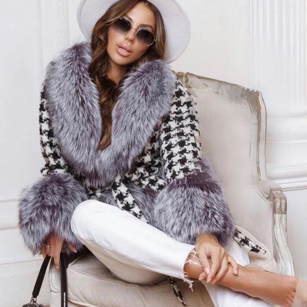 

fur autumn winter women's natural fur coat vintage real silver/red fox fur collar houndstooth belted wool jacket woman warm clothing, Black
