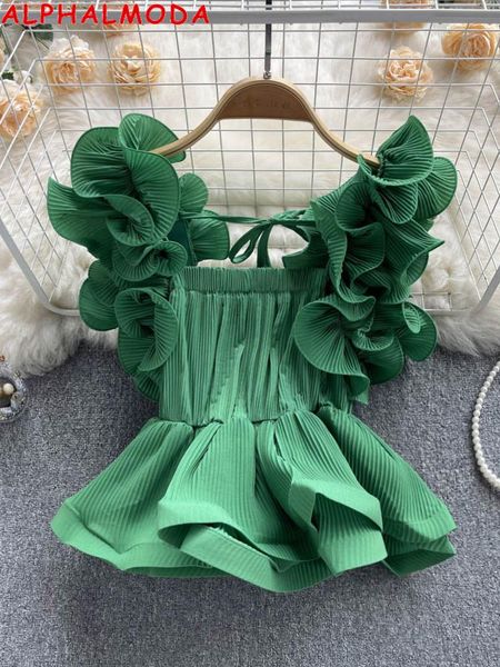 

tanks alphalmoda 2022 summer new frilled shoulder women's slim ruffled tank blouse ladies solid cute sleeveless outfit top, Black;white