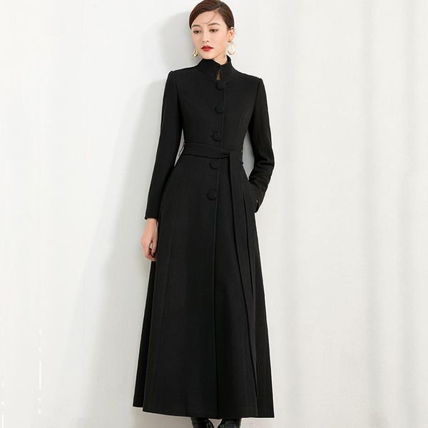 

fur new women long woolen coat autumn winter fashion elegant thicken black outerwear lengthened slim wool blends overcoat female