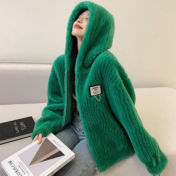 

fur women's winter hooded sheepskin coat 2022 new casual sports short vertical stripes zipper 100% lamb's wool jackets, Black