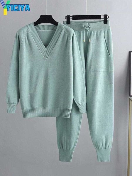 

yiciya pants women thick warm knitted sweater sets female vneck cashmere+elastic high waist pants 2 pieces suit lady streetwear tracksuits, White