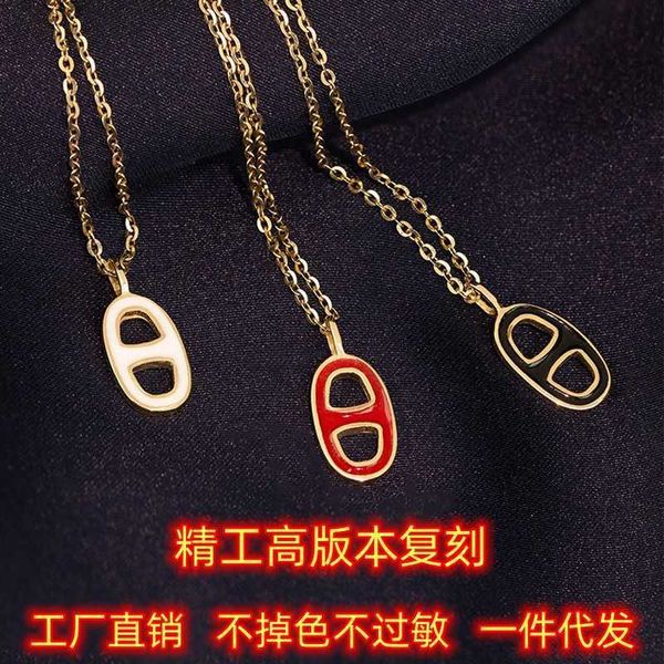 

designerseiko high edition reprint s925 silver herms new light luxury enamel pig nose pendant 18k rose gold necklace for women, Black