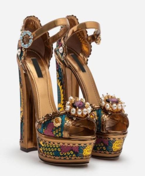 

fashion beaded highheeled shoes waterproof platform thick heeled sandals leather printed pearl buckle women039s shoes thick he1164432, Black