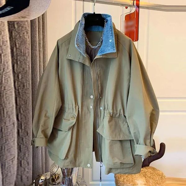 

women's trench coats fake two piece drawstring waist zipper denim jackets jaqueta feminina vintage loose coat casual autumn chaquetas, Tan;black