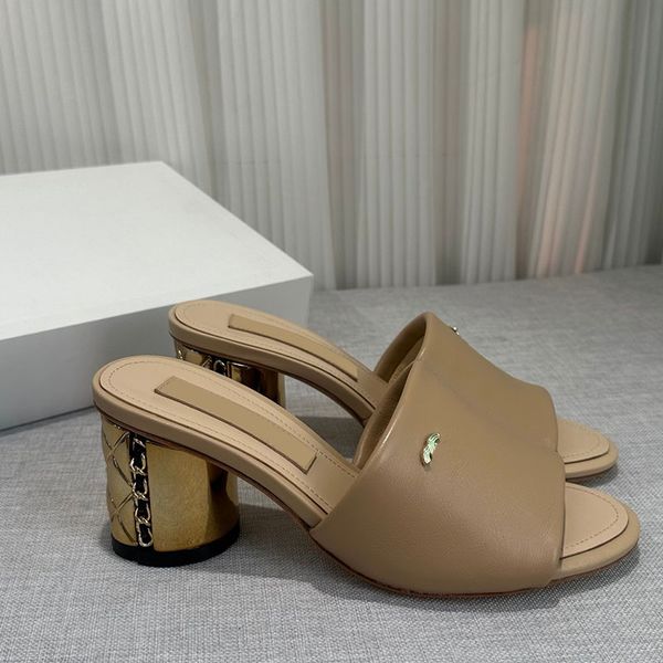 

calfskin chunky heels 5cm womens slippers designer slip on sandals round toes retro black dress shoes ladies slides classic white flip flops