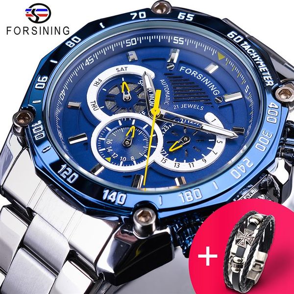 

forsining watch bracelet set combination blue calendar 3 dials silver stainless steel automatic mechanical watches men's cl2889, Slivery;brown