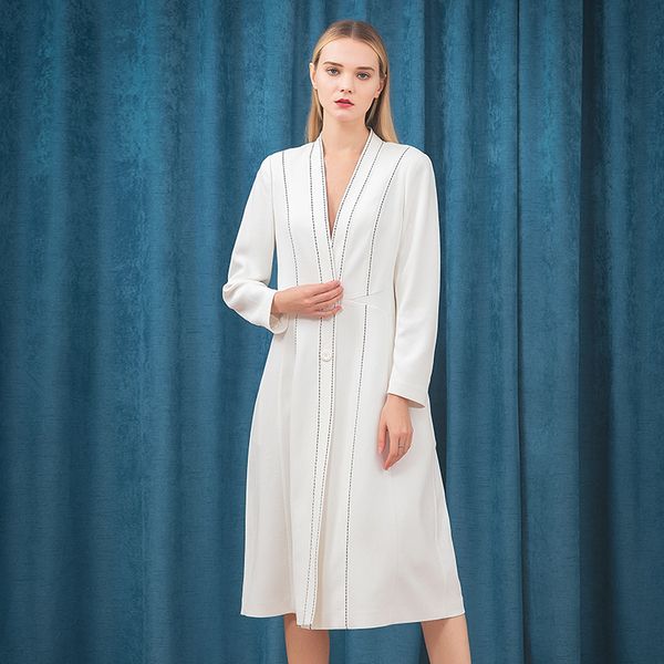 

women's trench coats white 60 momme heavyweight silk single breasted windbreaker bright line decoration long sleeve jacket coat women f, Tan;black